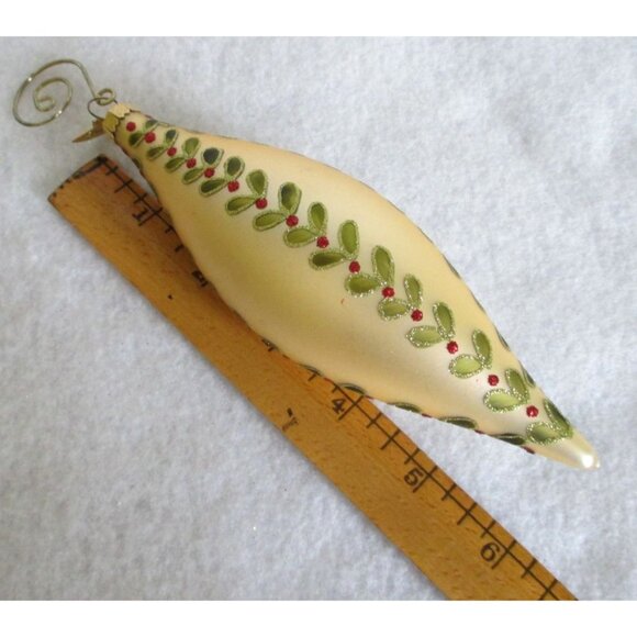 Gold Teardrop Christmas Ornament Bauble - Green & Red Leaf Design - Vintage - Picture 5 of 5